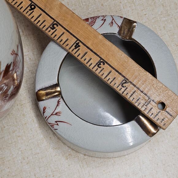 VTG Chinese Phoenix Vase Ashtray Set Gold Gilt Glaze Fenghuang Chinoiserie - Picture 10 of 11